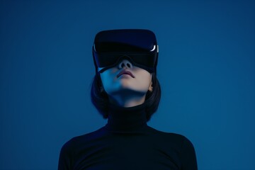 A woman wearing a virtual reality headset against a blue background. Delighted woman with a virtual reality glasses wearing a black sweater.