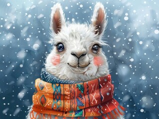 Fototapeta premium Adorable Llama with Colorful Scarf in Snowy Winter Wonderland.