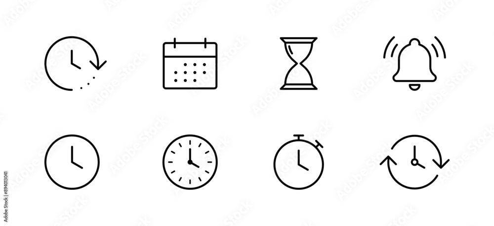 Poster Time and clock icon set. calendar, timer line icons . vector time passage and stopwatch, hourglass, notification bell, icon, minimal thin line app web icons collection set . editable stroke