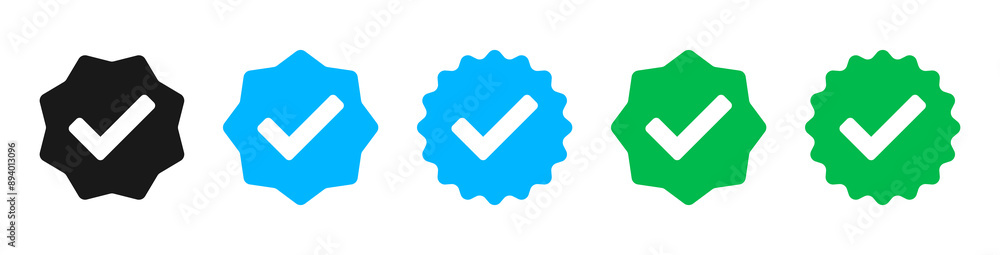 Poster Verified badge icon tick symbol vector approved check mark icon. Blue green checkmark icons - Certificate badge Quality certify icon