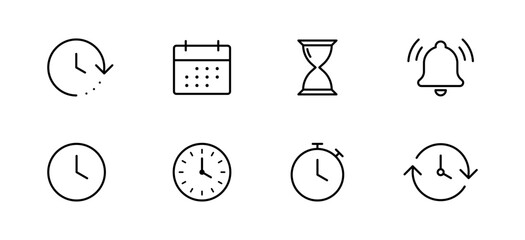 Time and clock icon set. calendar, timer line icons . vector time passage and stopwatch, hourglass, notification bell, icon, minimal thin line app web icons collection set . editable stroke