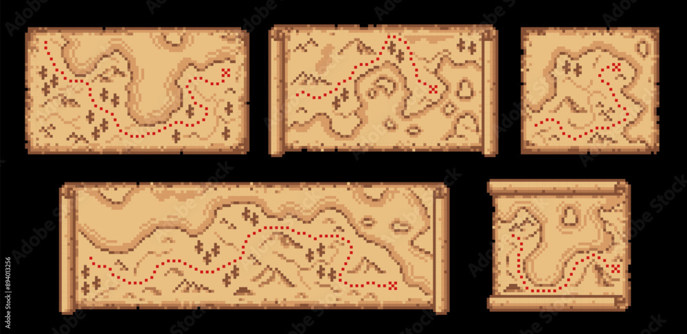 Poster pixel map paper scrolls, vector travel or pirate game ui assets. pixel art maps on old parchment, pi