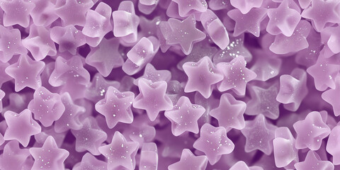 Fototapeta premium A cute and dreamy, aesthetic background of close-up of star shaped pastel purple gummy candy, each piece showcasing its chewy texture and sugar-coated finish