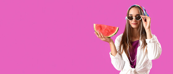 Young woman in sunglasses with fresh watermelon on purple background