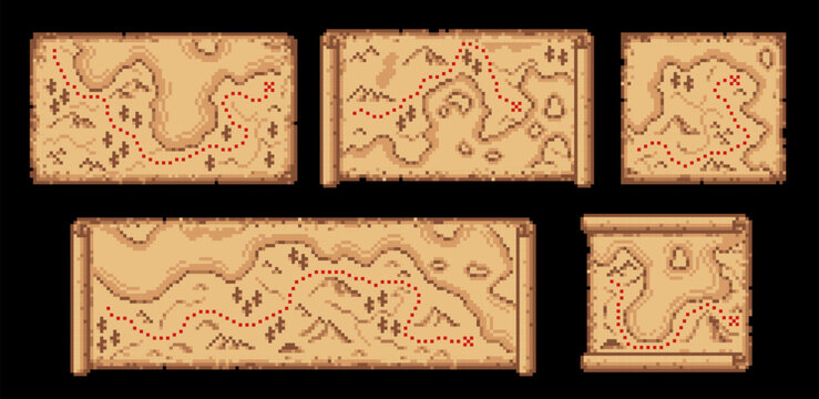 Pixel map paper scrolls, vector travel or pirate game UI assets. Pixel art maps on old parchment, pirate treasure hunt and adventure navigation scrolls with grunge texture, red routes and crosses