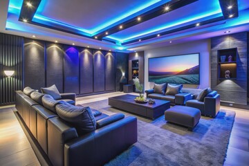Naklejka premium Vibrant colored LED lights illuminate a modern home cinema living room interior with sleek black furniture, ambient mood lighting, and a massive screen display.