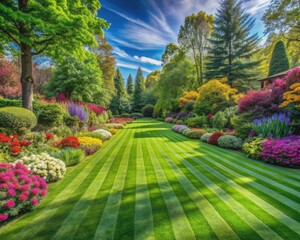 Obraz premium Vibrant green manicured lawn with perfectly striped patterns stretches across a serene backyard, surrounded by lush trees and colorful blooming flowers in a private residence.