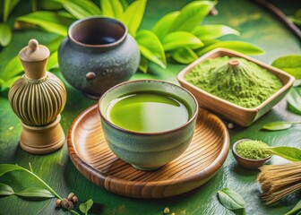 Vibrant green matcha tea fills a delicate ceramic cup, surrounded by ornate tea accessories, on a lush green background, evoking a sense of serenity and refreshment.