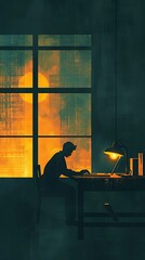 A silhouette of a person working at a desk with a lamp on, the window behind them shows an orange sunset.