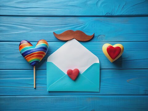 Vibrant blue background showcases a white envelope with a colorful postcard, paper heart, and playful mustache, perfect for adding a heartfelt Father's Day message.
