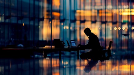 Silhouette of a businessman working on a laptop in a modern office with a blurred background of city lights.
