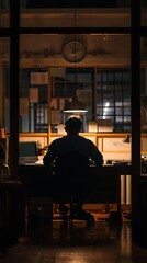 Obraz premium Silhouette of a person working on a laptop in an office at night.