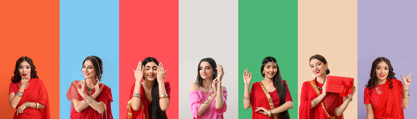 Set of beautiful Indian women on color background