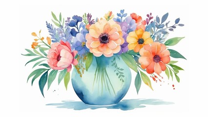 Fototapeta premium Watercolor flowers in the vase, floral clip art, isolated flower arrangement