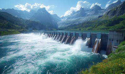 Fototapeta premium Hydroelectric dam with rushing water and electric turbines turning with the force of the flowing river water , generating clean energy for ecology and zero carbon targets 