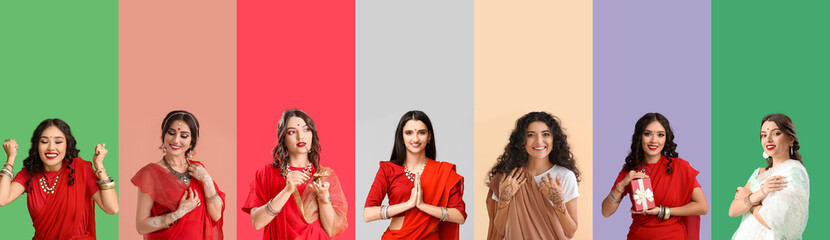 Set of beautiful Indian women on color background