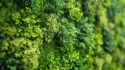 Green reindeer moss for modern interior decoration and office spaces; wall with lichen Cladonia rangiferina