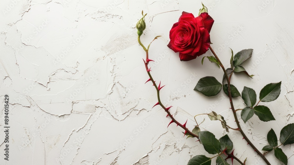 Poster top view of vibrant rose branch with leaves and thorns big bloom on white background with empty spac