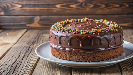 Richly decorated moist chocolate cake with velvety frosting and sprinkles sits invitingly on a white ceramic plate against a clean wooden background.