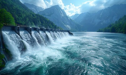 Fototapeta premium Hydroelectric dam with rushing water and electric turbines turning with the force of the flowing river water , generating clean energy for ecology and zero carbon targets 