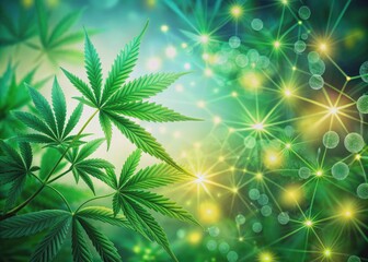 Vibrant green gradient background features blurred bokeh lights, cannabis plants, and intricate molecular structures, blending nature and science in a stunning abstract composition.