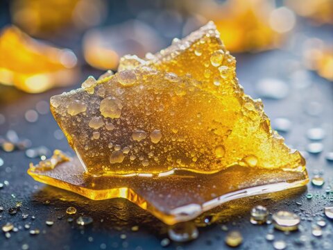 Crystalline cannabis concentrate shatter on a glass surface, with a golden hue and frosty texture, ready to be vaporized in a dabbing device.