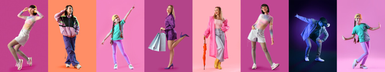 Collage of stylish people on color background