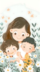 Delightful Family Bond: A Mother and Her Two Children Enjoying a Sunny Day in a Daisy Field, Embracing Nature and Joy