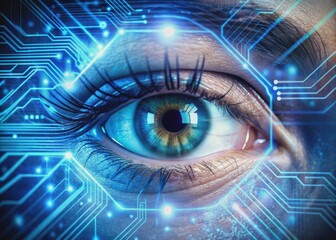 Obraz premium Futuristic transparent digital screen overlay on human eye, surrounded by glowing blue circuits, wires and microchips, with coding symbols streaming across vision.