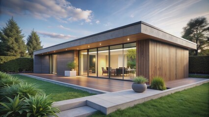 Fototapeta premium Sleek, low-angle shot of a contemporary, single-story home with large windows, sliding glass doors, and a minimalist, concrete-and-wood exterior design.