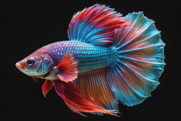 Vibrant Siamese fighting fish, with iridescent scales, turns its head in different directions, showcasing its majestic beauty, isolated on a sleek black background.