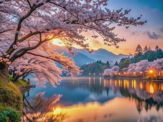 Vibrant cherry blossom trees bloom amidst misty mountains and serene lakeside scenery with soft glowing lanterns under a warm sunset evening sky background.