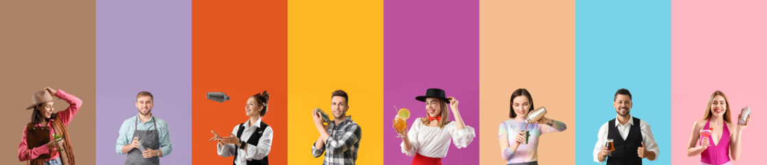 Group of different bartenders on color background