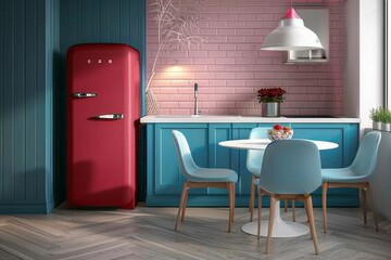 Kitchen interior with blue and pink wall and fridge.