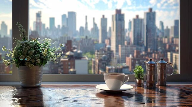 Cup of coffee placed by an apartment window with a panoramic cityscape landscape in the background.
 Seamless looping 4k time-lapse virtual video animation Generated AI
