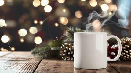 White Mug with Steam on a Wooden Table with Christmas Decorations