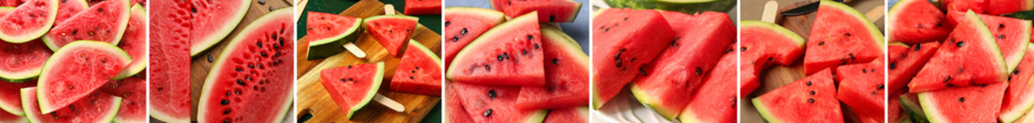Collage of many ripe sweet watermelon slices