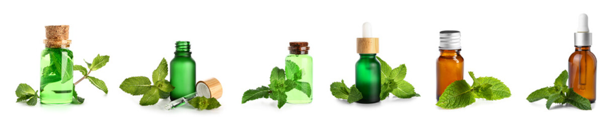 Set of mint essential oil on white background