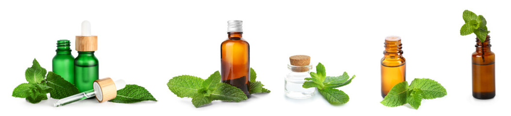 Set of mint essential oil on white background