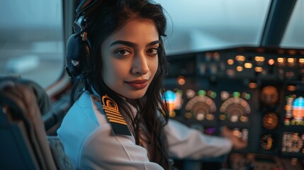 Confident indian female pilot in uniform poses gracefully in the cockpit of an aircraft