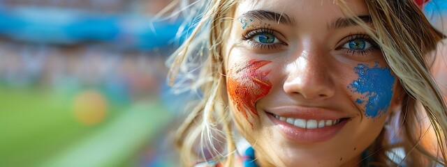  Happy French woman supporter with face painted in French flag colors, blue white and red, fan at a sports event such as football or rugby match, blurry stadium background and copy space 
