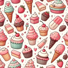 Delightful Seamless Pattern of Mini Cupcakes & Ice Cream Cones