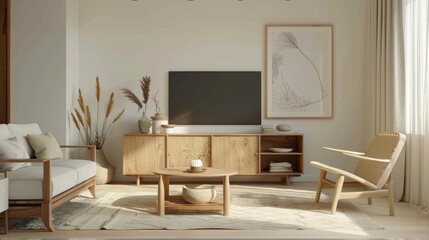 Simple living room design with wooden sideboard and decor.