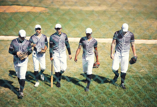 Baseball, field and team for game, together and training for match on pitch. Practice, support and park for fitness or sport for male people, fence and group of friends for softball club exercise