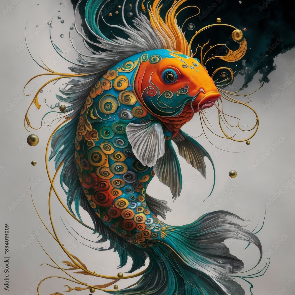 Poster a vibrant and intricately designed fish featuring swirling patterns in dynamic colors, showcased aga