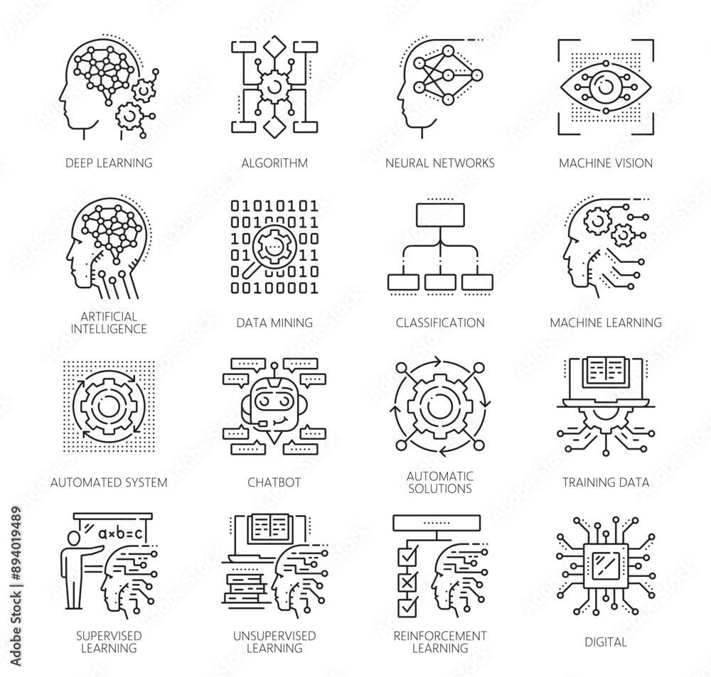 Leinwandbilder machine learning, ai artificial intelligence algorithm icons. ai data analysis future technology thi