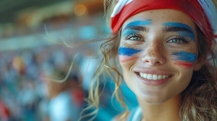  Happy French woman supporter with face painted in French flag colors, blue white and red, fan at a sports event such as football or rugby match, blurry stadium background and copy space 