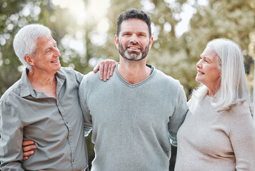 Obraz premium Portrait, man and senior parents in garden with smile, embrace and care with outdoor bonding together. Elderly mother, father and adult son in backyard with hug, support and love for happy family