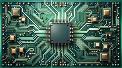Fototapeta premium Highly detailed electronic circuit board with intricate paths and microchips isolated on a transparent background with subtle shadows.