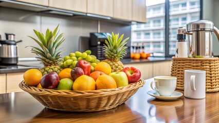 Fresh colorful fruits arranged in a wicker basket sit on a modern office kitchen counter beside a sleek coffee brewer.